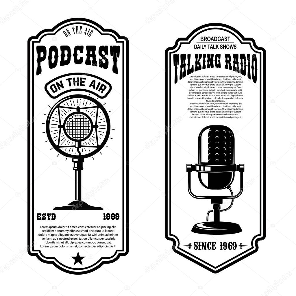 Set of vintage podcast, radio flyers with microphone. Design element for logo, label, sign, badge, poster. Vector illustration