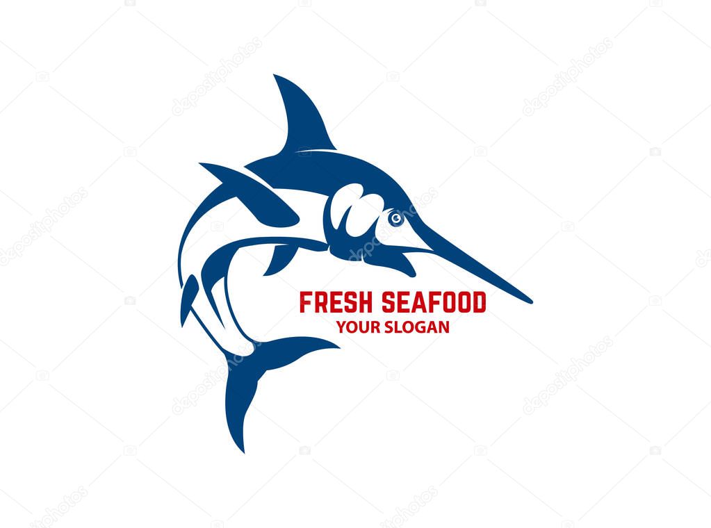 Fresh seafood. Emblem template with swordfish. Design element for logo, label, emblem, sign, poster. Vector illustration