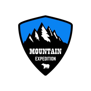 Dağ seferi. Kaya tepe amblemi şablonu. Tasarım öğesi logosu, etiket, arma, işaret, poster için. Vektör çizim