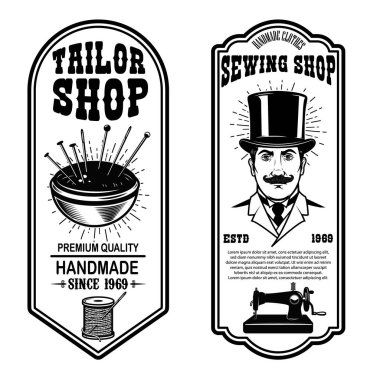 Vintage terzi Dükkanı el ilanı şablonları. dikmek, Araçlar terzi. Tasarım öğeleri için logo, etiket, işaret, rozet. Vektör çizim