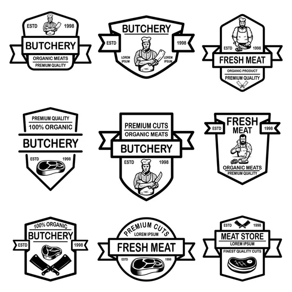 Set Etichette Del Negozio Carne Elemento Design Logo Etichetta Emblema — Vettoriale Stock