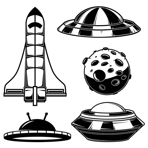 Set Ruimteschepen Ufo Pictogrammen Ontwerpelement Voor Logo Etiket Teken Poster — Stockvector