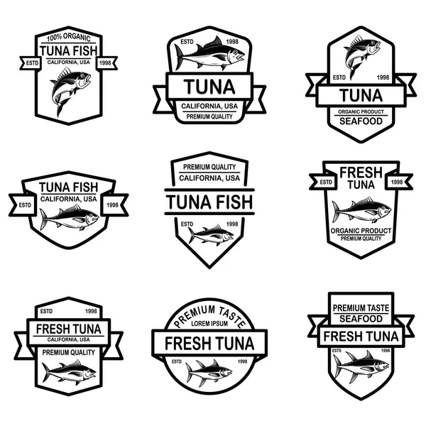 Set Dari Makanan Laut Tuna Label Unsur Desain Untuk Logo - Stok Vektor