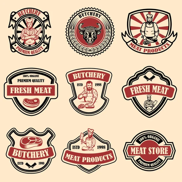 Etiketten Für Fleischgeschäfte Gestaltungselement Für Logo Emblem Schild Plakat Vektorillustration — Stockvektor
