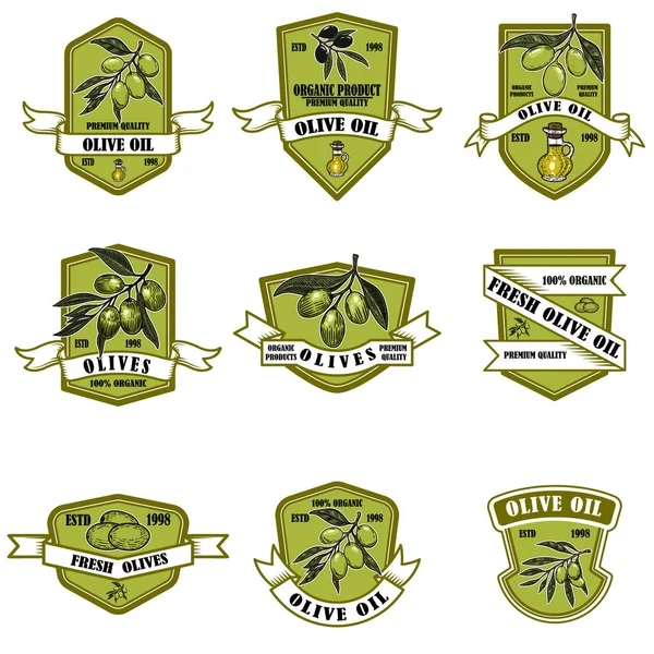 Set Von Olivenöl Emblemen Gestaltungselement Für Logo Etikett Schild Plakat — Stockvektor