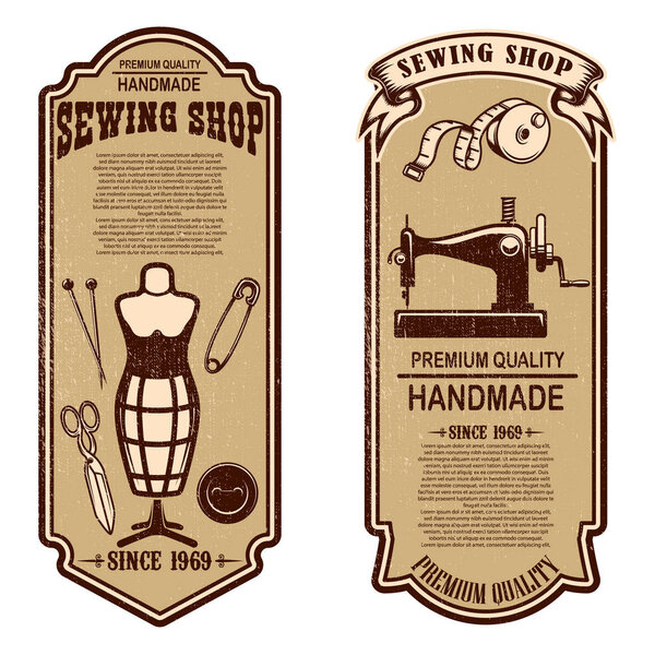 Vintage tailor shop flyer templates.  sew, tailor tools. Design elements for logo, label, sign, badge. Vector illustration