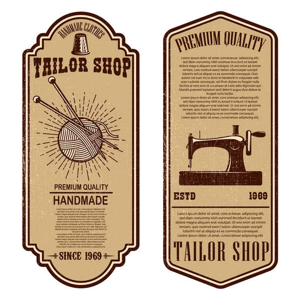 Vintage terzi Dükkanı el ilanı şablonları. dikmek, Araçlar terzi. Tasarım öğeleri için logo, etiket, işaret, rozet. Vektör çizim