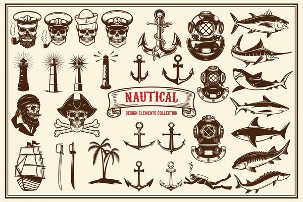 Big Set Design Elements Nautical Emblems Seafood Restaurant Vector Illustration — Stock Vector