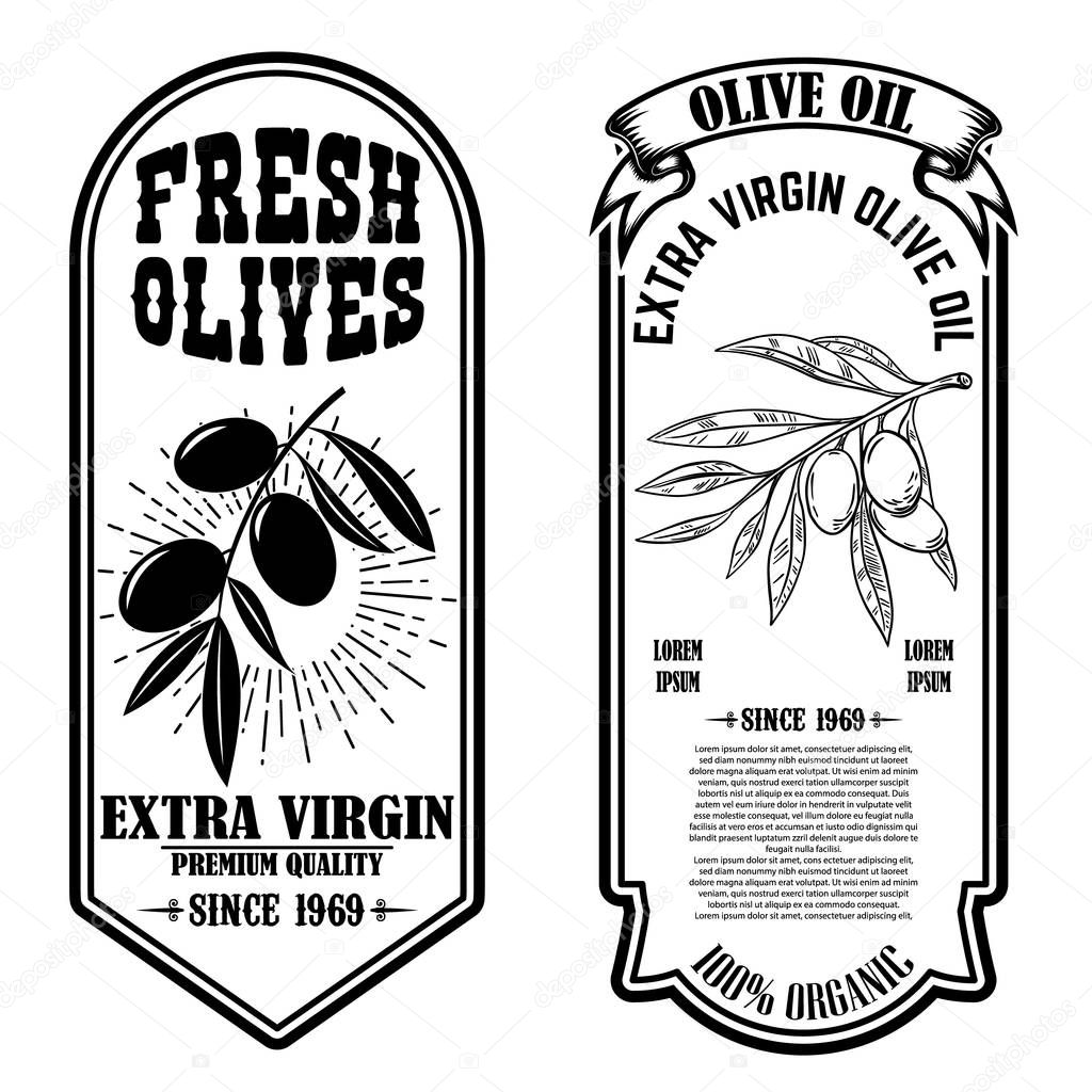 Set of vintage olive oil flyer templates. Design element for logo, label, emblem, sign, badge. Vector illustration