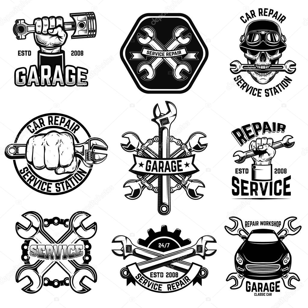 Set of car repair workshop emblems. Design element for logo, label, emblem, sign, poster.Vector illustration