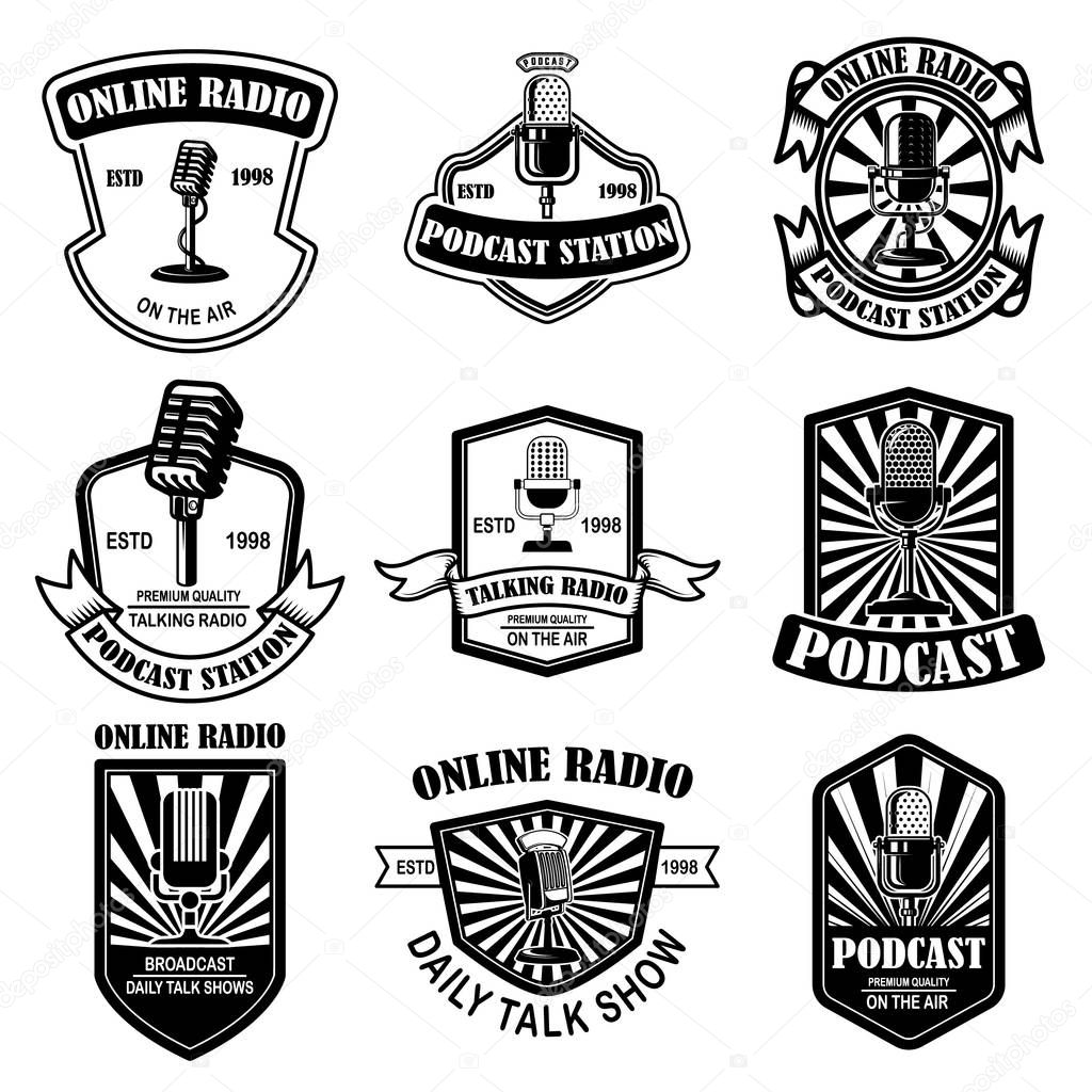 Set of vintage podcast, radio emblems with microphone. Design element for logo, label, sign, badge, poster. Vector illustration