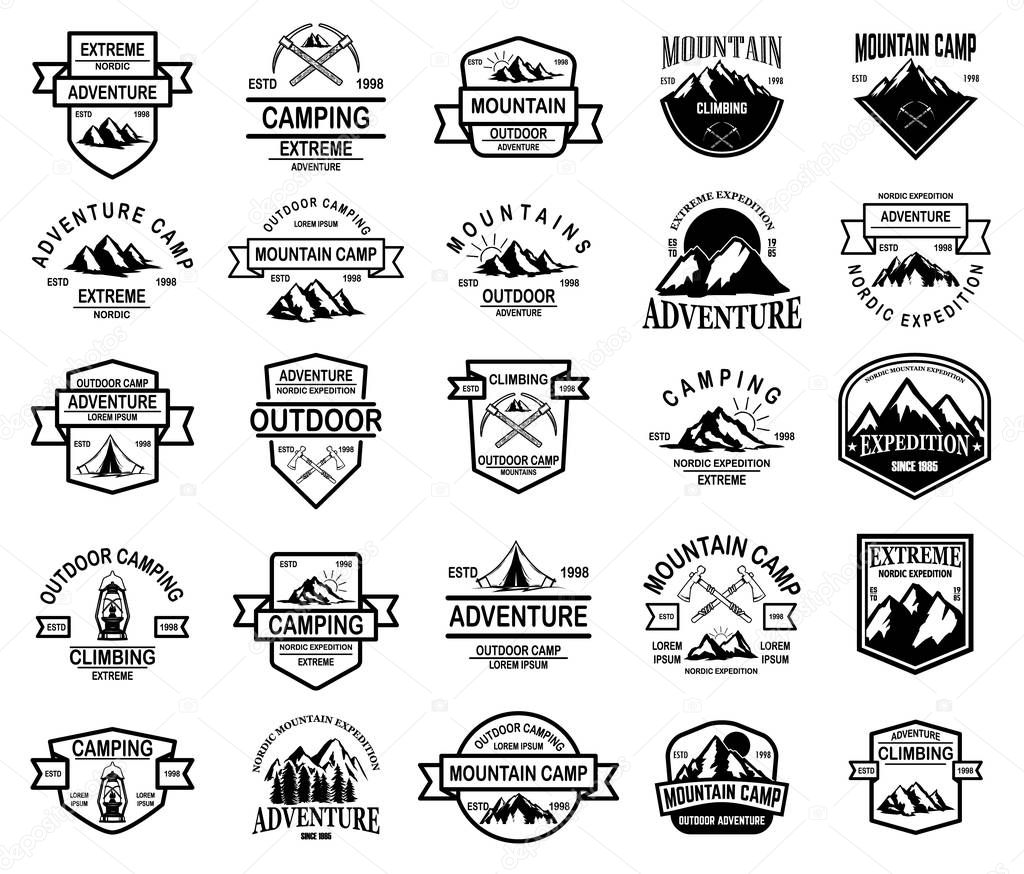 Big set of mountain camp, outdoor adventure emblems. Design element for logo, emblem, sign, label. Vector illustration