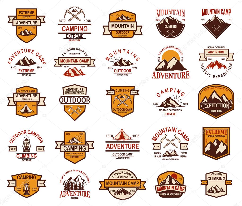 Big set of mountain hiking emblems. Design element for logo, label, sign, banner, poster. Vector illustration