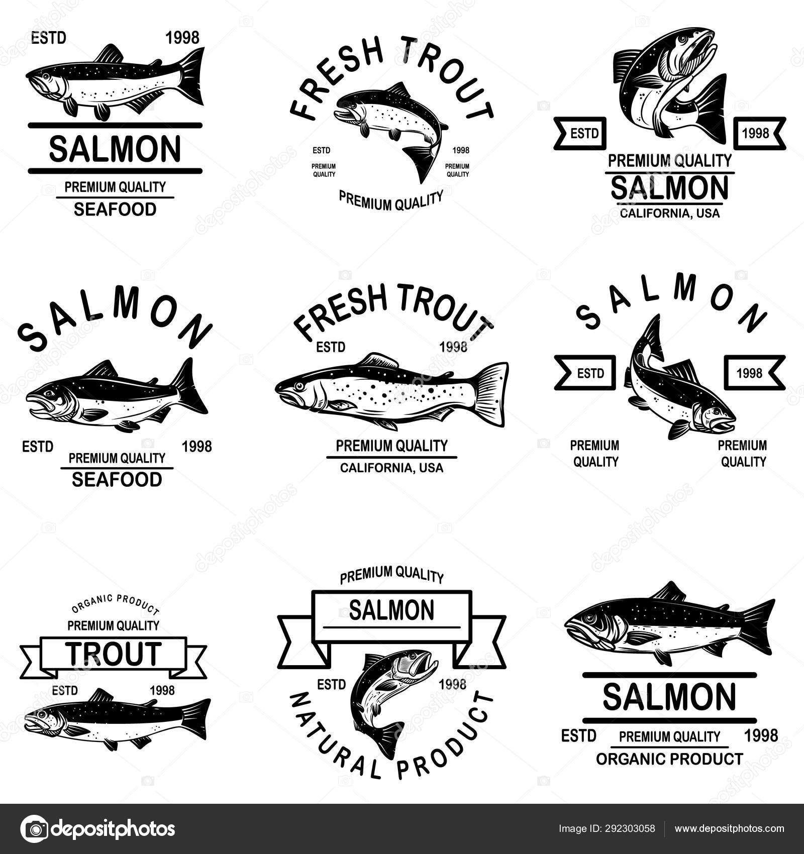 Ensemble d'étiquettes de fruits de mer au saumon. Élément de design