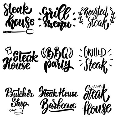 Et lokantası seti, ızgara menüsü, barbekü partisi yazısı. Poster, kart, afiş, menü için tasarım öğesi. 