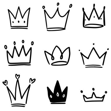 Çizim tarzında bir dizi taç çizimi. Corona sembolleri. Taç simgeleri.
