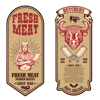 Et dükkanı seti, kasap dükkanı el ilanları. Logo, etiket, tabela, afiş, poster için tasarım öğesi. 