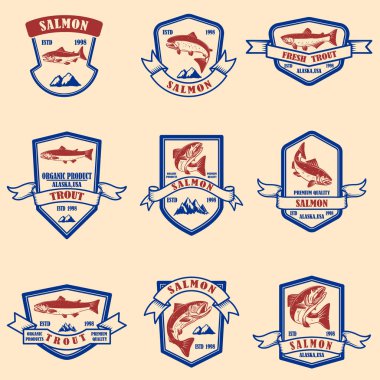 Somon ve alabalık amblemleri seti. Logo, etiket, tabela, poster, afiş için tasarım öğesi. 