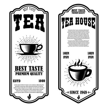 Vintage çay dükkanı el ilanı şablonları. Logo, etiket, işaret, rozet için tasarım öğeleri. 