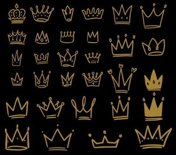 Conjunto de iconos de corona dibujados a mano sobre fondo oscuro. Elemento de diseño para logotipo, etiqueta, signo, póster, tarjeta . — Vector de stock