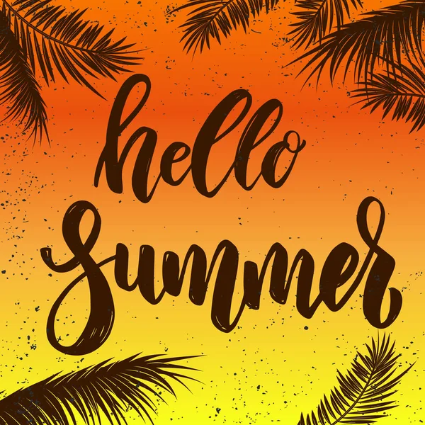 Hallo Sommer. Schriftzug auf Grunge-Hintergrund. Gestaltungselement für Plakat, Karte, Banner. — Stockvektor