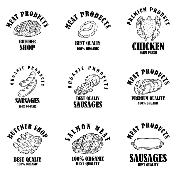 Conjunto de rótulos de produtos à base de carne. Elemento de design para cartaz, logotipo, emblemas, sinal . — Vetor de Stock
