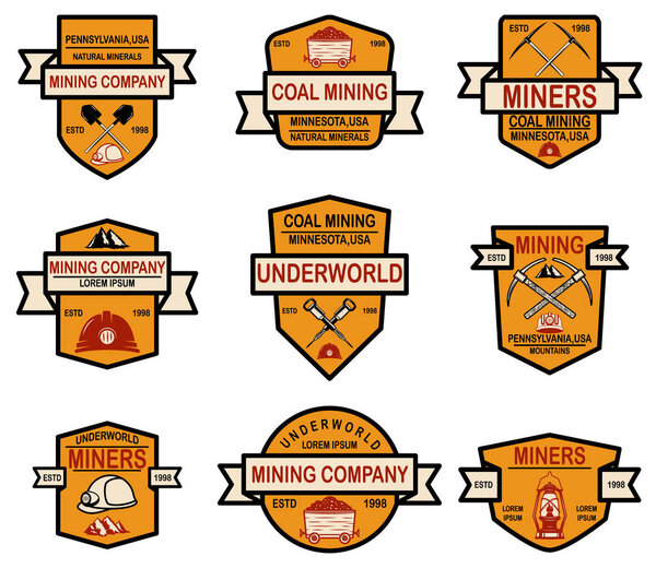 Set of coal mining company emblem templates. Design element for logo, label, emblem, sign, badge. 