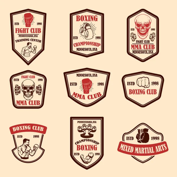 Conjunto de emblemas de mma y club de boxeo. Elemento de diseño para logo, etiqueta, cartel, camiseta. Ilustración vectorial — Vector de stock