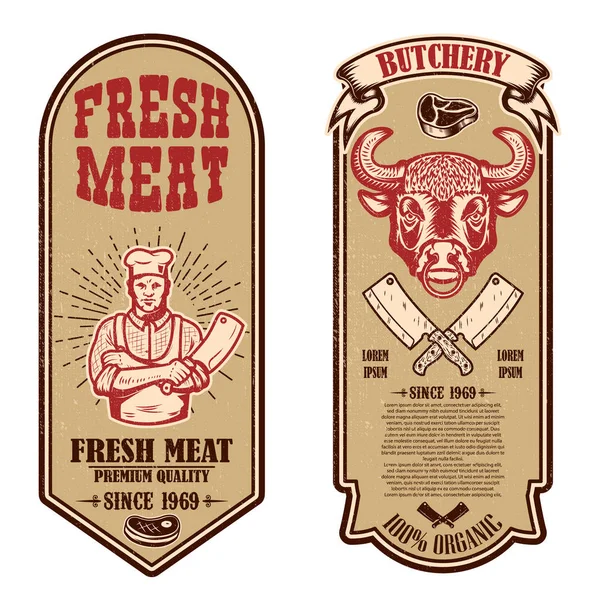 Um conjunto de carnes, panfletos de talho. Elemento de design para logotipo, rótulo, sinal, banner, cartaz . —  Vetores de Stock
