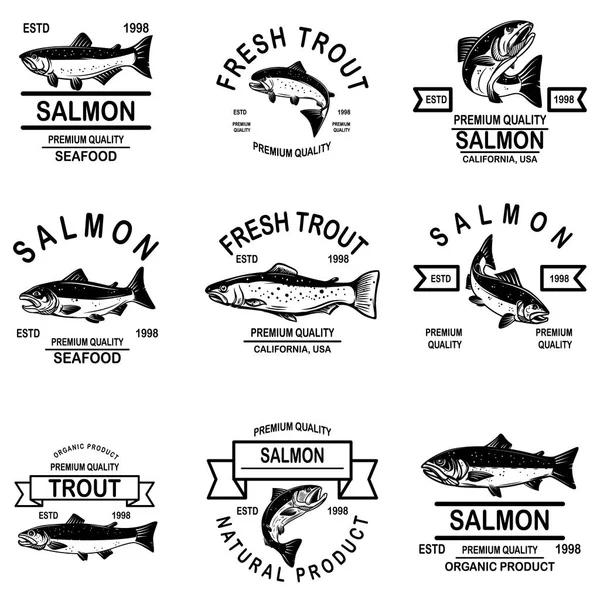 Conjunto de rótulos de frutos do mar de salmão. Elemento de design para logotipo, rótulo, sinal, emblema . — Vetor de Stock