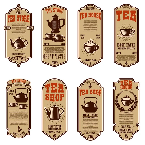 Modelos de folheto de loja de chá vintage. Elementos de design para logotipo, rótulo, sinal, crachá . — Vetor de Stock