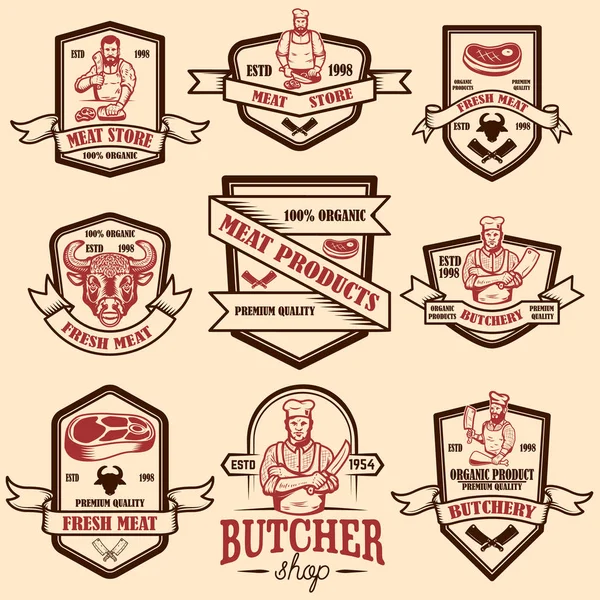 Etiketten für Fleischgeschäfte. Gestaltungselement für Logo, Emblem, Schild, Plakat. — Stockvektor