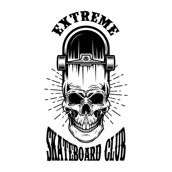 Emblème de skateboard avec crâne. Elément design pour logo, étiquette, enseigne, affiche, t-shirt . — Image vectorielle
