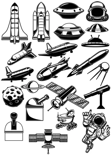 Conjunto de elementos de diseño del espacio. Transbordador espacial, ovni, cohete, astronauta, planeta. Para el logotipo, etiqueta, signo, bandera . — Archivo Imágenes Vectoriales