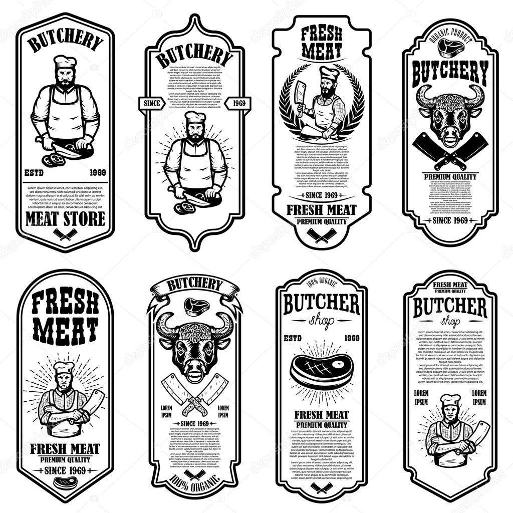 Set of meat store flyers. Design element for banner, logo, sign, poster, flyer. Vector illustration