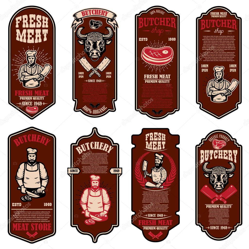 Set of meat store flyers. Design element for banner, logo, sign, poster, flyer. Vector illustration