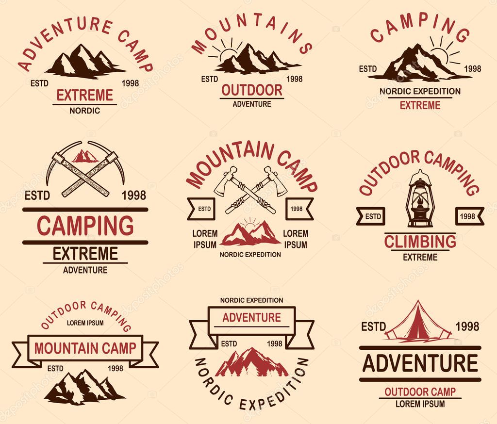 Set of mountain hiking emblems. Design element for logo, label, sign, banner, poster. Vector illustration