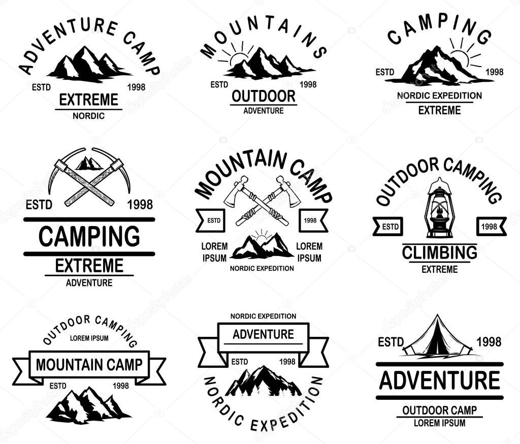 Set of mountain camp emblem templates. Design element for logo, label, emblem, sign, badge. Vector illustration
