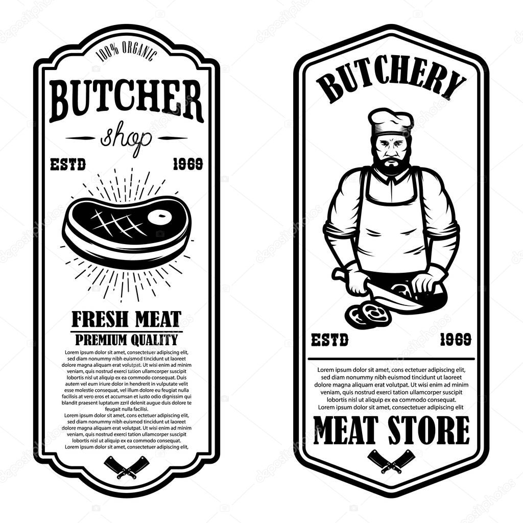 Set of meat store flyers. Design element for banner, logo, sign, poster, flyer. Vector illustration