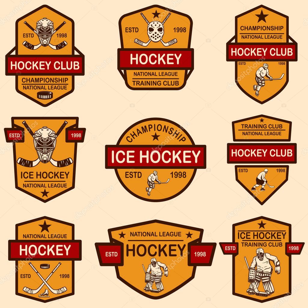 Set of hockey club emblems. Design element for logo, label, sign, t shirt, poster. Vector illustration