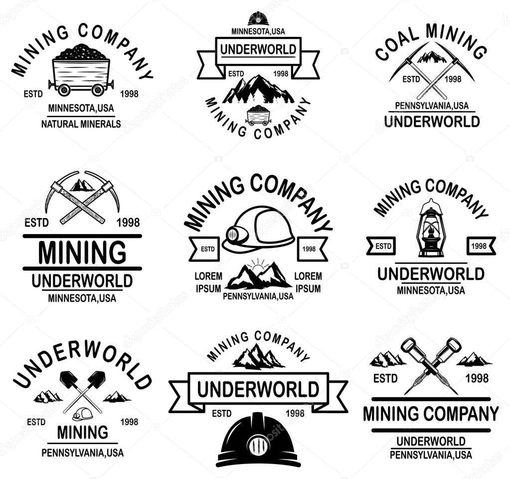 Set of coal mining company emblem templates. Design element for logo, label, emblem, sign, badge. Vector illustration