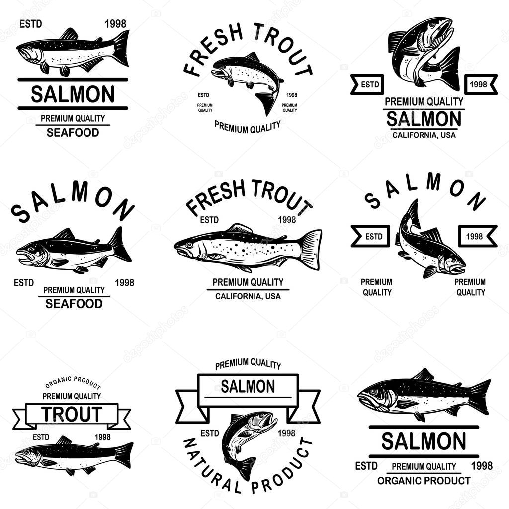 Set of salmon seafood labels. Design element for logo, label, sign, emblem. 
