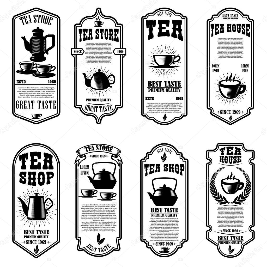 Set of tea house flyer templates. Design element for logo, label, sign, poster. Vector illustration
