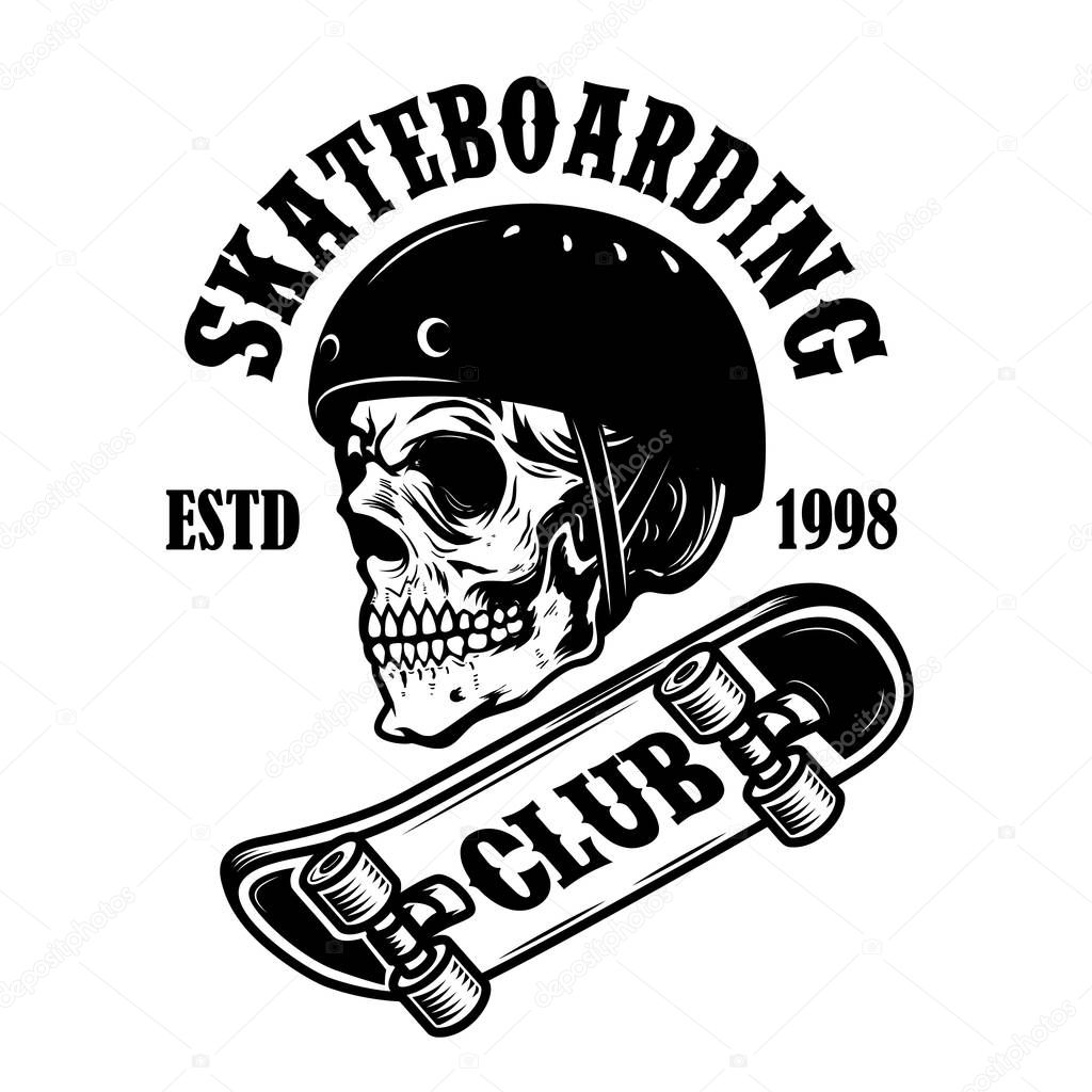 Skateboarding club. Emblem with skull in skateboard helmet. Design element for logo, label, sign, poster. Vector illustration