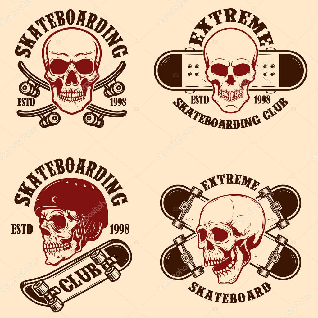 Set of skateboarding club emblems with skulls. Design element for poster, logo, sign, label, t shirt. Vector illustration