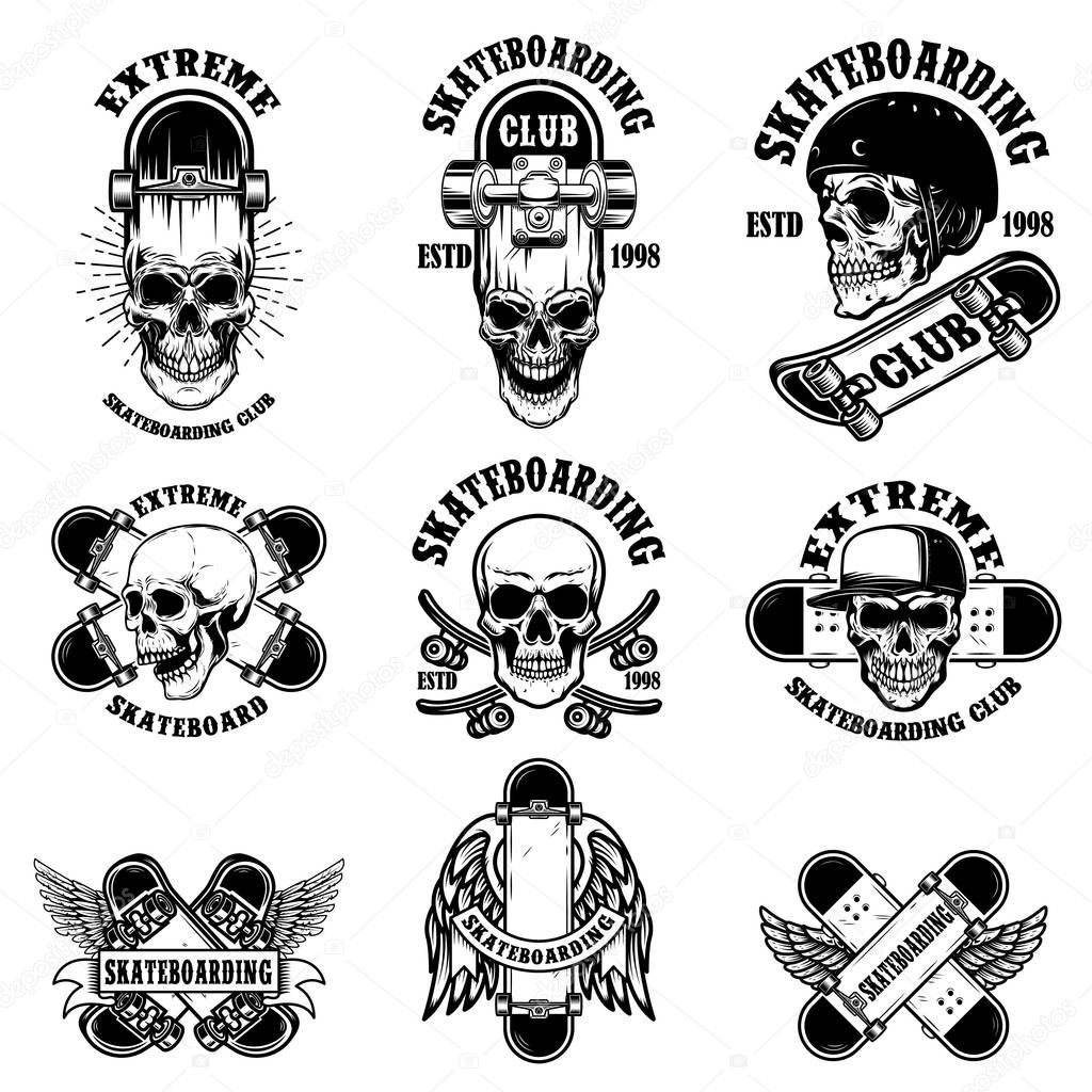Set of skateboarding club emblems with skulls. Design element for poster, logo, sign, label, t shirt. Vector illustration