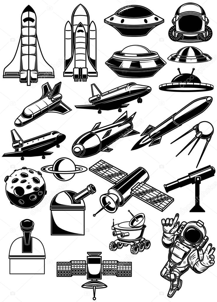 Set of space design elements. Space shuttle, ufo, rocket, spaceman, planet. For logo, label, sign, banner. 