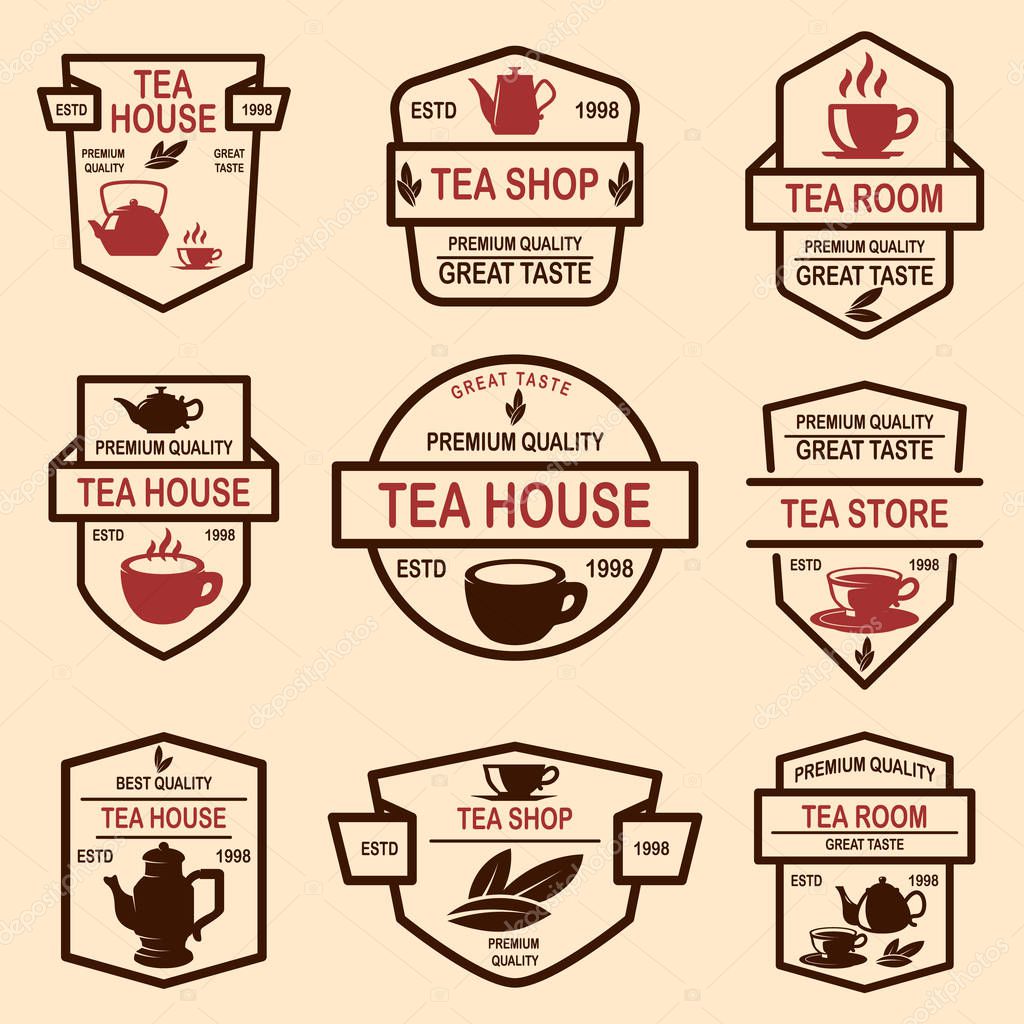 Set of tea house labels. Design element for logo, emblem, sign, poster. Vector illustration