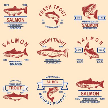 Somon seti, alabalık deniz ürünleri etiketi. Logo, etiket, işaret, poster, afiş için tasarım ögesi.