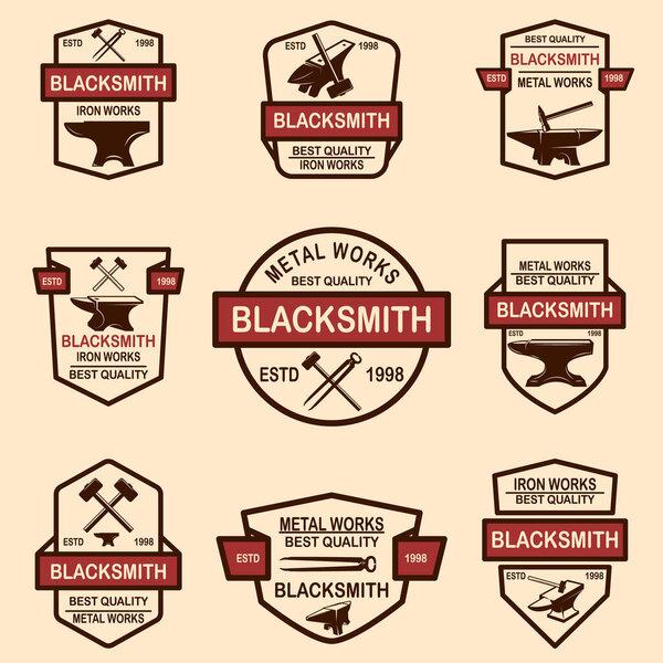 Set of blacksmith and iron works emblems. Design element for logo, label, sign, poster, t shirt.